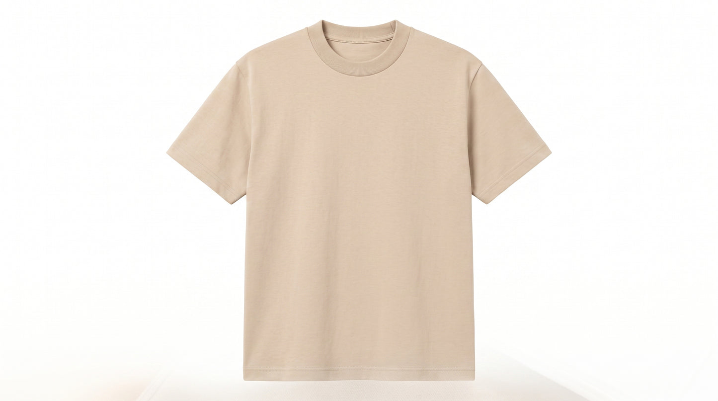 A plain beige short-sleeve crewneck t-shirt displayed against a clean white background.
