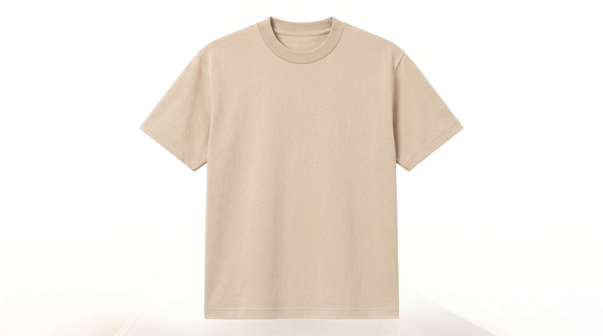 A plain beige short-sleeve crewneck t-shirt displayed against a clean white background.