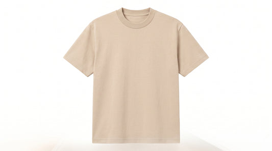 A plain beige short-sleeve crewneck t-shirt displayed against a clean white background.